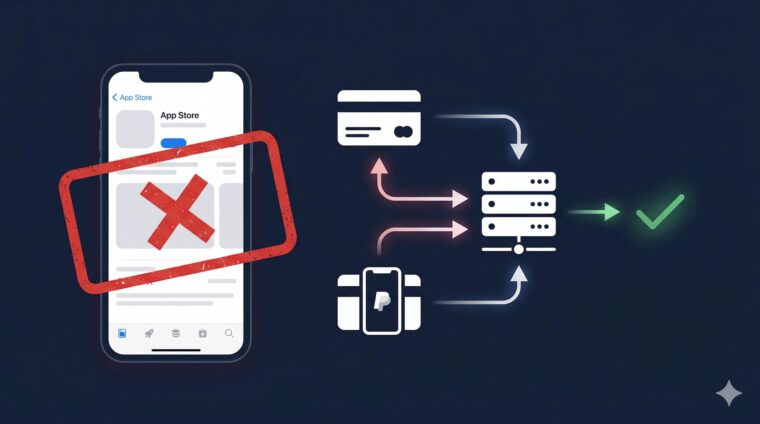 個人開発アプリのApp StoreリジェクトからStripeとRevenueCat共存構成で解決するまでのイメージ図